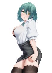 1girl absurdres artist_request azur_lane black_bra black_skirt black_thighhighs bra dead_or_alive dead_or_alive_6 dead_or_alive_xtreme green_eyes green_hair highres mole mole_under_eye open_clothes open_shirt shirt short_hair skirt tamaki_(doa) thighhighs underwear white_shirt