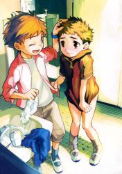 2boys accident assisted_exposure bathroom blush bottomless briefs brothers bunbun_(artist) clothes_tug comforting covering_crotch covering_privates dot_nose elementary_school_age embarrassed headpat helping highres hood hoodie hoodie_tug knees_together_feet_apart looking_at_another male_focus male_underwear multiple_boys naked_hoodie one_eye_closed open_clothes open_mouth open_shirt pants partially_undressed peeing peeing_self public_indecency sad short_sleeves shy siblings sink standing tearing_up tears underwear undressing_another unworn_clothes unworn_male_underwear unworn_pants unworn_underwear urinal washing washing_clothes wavy_mouth wet wet_clothes wet_male_underwear wet_pants wet_underwear wristband
