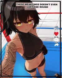 1girl armpits bare_shoulders black_gloves black_hair blush boxing_ring breasts brown_eyes collarbone crop_top fingerless_gloves from_above gloves highres long_hair looking_at_viewer maria_(mockingeu) mockingeu navel original panties ponytail selfie shorts small_breasts social_network solo sports_bra sportswear standing stomach tattoo tongue tongue_out underwear viewfinder white_panties
