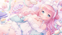 1girl animal_ears ayase_ririco bed_sheet blue_eyes blush book bow breasts candle cleavage collarbone commentary_request cup double_bun dress finger_to_mouth flower frilled_dress frilled_pajamas frills hair_brush hair_bun hair_ornament hand_mirror highres indie_virtual_youtuber jewelry long_hair looking_at_viewer lying medium_breasts mirror necklace off_shoulder omochi_monaka on_back on_bed pajamas pink_hair rabbit_ears shorts sleep_mask smile solo tea teacup thigh_strap twintails virtual_youtuber white_bow white_dress white_shorts
