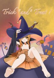 1girl absurdres barefoot black_cloak bloomers blunt_bangs breasts candy candy_cane cloak closed_mouth convenient_censoring food full_moon halloween halloween_bucket hat highres house ibuki_suika jack-o&#039;-lantern kurohiba lamp lollipop long_hair looking_at_viewer moon navel orange_bloomers orange_cloak orange_eyes orange_hair purple_hat red_brooch red_sky sky small_breasts smile soles solo star_(sky) star_sticker starry_sky sticker_on_face swirl_lollipop topless_female touhou trick_or_treat two-sided_cloak two-sided_fabric underboob underwear witch_hat yellow_moon