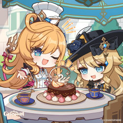 2girls absurdres black_gloves blonde_hair blue_eyes bow cake chef_hat chibi commentary copyright_name cup dot_nose dress english_commentary escoffier_(genshin_impact) flower food fruit genshin_impact gloves hand_up hat hat_bow hat_flower highres long_hair looking_at_food multiple_girls navia_(genshin_impact) official_art one_eye_closed open_mouth orange_(fruit) orange_slice outstretched_arm smile table teacup v-shaped_eyebrows very_long_hair white_hat