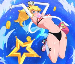 1-up_mushroom 1girl 1up arched_back armpits arms_up artist_name bag bandaid bandaid_on_knee bandaid_on_leg bandaid_on_thigh bdrd between_breasts bikini black_bikini black_footwear blonde_hair blue_eyes blue_sky breasts blowing_bubbles cellphone chewing_gum coin covered_erect_nipples crown elbow_gloves eyelashes fire_flower full_body gloves hair_ornament hairclip headphones heart heart_tattoo highleg highleg_bikini highres hip_focus holding holding_phone kneehighs large_breasts launch_star_(mario) leg_tattoo legs_up lips long_hair looking_at_viewer mario_(series) midair navel nintendo perry_(mario) phone pink_bag pink_footwear polka_dot polka_dot_bikini ponytail princess_peach red_bikini roller_skates shiny_skin shoulder_bag skates sky smartphone socks solo star_(sky) super_star_(mario) starry_sky stomach strap_between_breasts strap_gap super_mario_bros._1 super_princess_peach swimsuit tattoo thick_eyebrows thighs v white_bikini white_footwear white_gloves white_socks