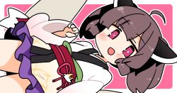 1girl :d ahoge blush border bright_pupils brown_hair cowboy_shot headgear ini_(inunabe00) japanese_clothes kimono long_sleeves looking_at_viewer obi obijime open_mouth outline outside_border pink_background pink_eyes pleated_skirt purple_skirt red_sash sash short_hair simple_background skirt smile solo touhoku_kiritan voiceroid white_border white_kimono white_outline white_pupils wide_sleeves