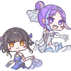 2girls absurdres arcshizuku black_hair blush breasts bride dress heaven_burns_red highres ishii_iroha large_breasts li_yingxia multicolored_hair multiple_girls orange_eyes purple_eyes purple_hair sidelocks streaked_hair twintails
