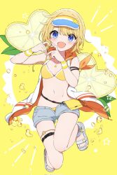 1girl :d bikini blonde_hair blue_eyes blush breasts commentary_request fang food four-finger_heart_hands fruit full_body grey_shorts heart heart_hands highres jacket jewelry jumping leaf lemon looking_at_viewer medium_hair mochigome_(ununquadium) navel necklace open_clothes open_jacket open_mouth orange_jacket original parted_lips sandals short_shorts shorts sidelocks skin_fang small_breasts smile solo star_(symbol) star_necklace stomach swimsuit thigh_strap two-sided_fabric visor_cap water_drop white_jacket wristband yellow_background yellow_bikini