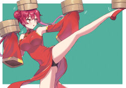 1girl alternate_costume balancing balancing_on_head bamboo_steamer bare_legs bare_shoulders black_panties border breasts china_dress chinese_clothes detached_sleeves double_bun dress eyelashes gluteal_fold gold_trim green_background hair_bun heterochromia highres holding hololive houshou_marine large_breasts leg_up legs long_legs ooike_teru open_mouth panties red_dress red_eyes red_shoes shoes simple_background sleeveless sleeveless_dress sleeves_past_fingers sleeves_past_wrists solo standing standing_on_one_leg thighs twintails underwear virtual_youtuber white_border wide_sleeves yellow_eyes