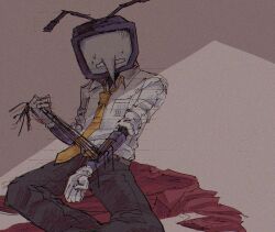 Rule 34 | ant tenna, black pants, clothes on floor, coat, crt, damaged, deltarune, gloves, highres, long sleeves, mechabare, mechanical arms, necktie, object head, pants, pointy nose, red coat, self-harm, shadow, shirt, simple background, sitting, solo, solo focus, tonolov, white gloves, white shirt, wire, yellow necktie