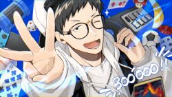 1boy ball banana baseball_(object) black-framed_eyewear black_eyes black_hair card chain chain_necklace commentary_request dice food fruit glasses highres hood hooded_jacket jacket jewelry male_focus necklace nijisanji nintendo_switch one_eye_closed open_mouth playing_card sakana2434 smile soccer_ball solo super_mushroom upper_body virtual_youtuber w white_jacket yashiro_kizuku yashiro_kizuku_(4th_costume)
