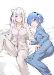 2girls absurdres ass bed_sheet blue_eyes blue_hair blue_pajamas breasts collarbone commentary commission emilia_(re:zero) english_commentary flower hair_flower hair_ornament hair_over_one_eye hair_ribbon highres long_hair long_sleeves looking_at_viewer lying multiple_girls on_side pajamas pointy_ears purple_eyes purple_ribbon re:zero_kara_hajimeru_isekai_seikatsu rem_(re:zero) ribbon short_hair simple_background sitting tetsuffy_(tetsulul) white_background white_flower white_hair white_pajamas x_hair_ornament