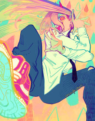 1girl alt_text arcadechan artist_name black_necktie chainsaw_man commentary crossed_arms english_commentary highres horns long_hair long_sleeves necktie open_mouth pants power_(chainsaw_man) red_eyes red_horns sharp_teeth shirt shoes sneakers symbol-shaped_pupils teeth torn_clothes torn_pants white_shirt yellow_background