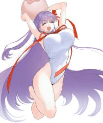 1girl ball bare_shoulders bb_(fate) bb_(swimsuit_mooncancer)_(fate) bb_(swimsuit_mooncancer)_(third_ascension)_(fate) blush breasts closed_eyes fate/grand_order fate_(series) gloves hair_ribbon highleg highleg_leotard highres large_breasts leotard long_hair neck_ribbon open_mouth purple_hair red_ribbon ribbon smile solo takustorage thighs very_long_hair white_gloves white_leotard