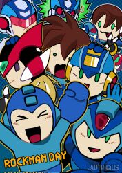 &gt;_&lt; 1girl 6+boys aile_(mega_man_zx) armor biometal black_hair blonde_hair blue_helmet brown_hair chibi corrupted_twitter_file english_text forehead_jewel geo_stelar_(mega_man) green_eyes group_picture helmet highres in-franchise_crossover lautricius long_hair mega_man_(character) mega_man_(classic) mega_man_(series) mega_man_battle_network_(series) mega_man_day mega_man_legends_(series) mega_man_star_force_(series) mega_man_volnutt mega_man_x_(series) mega_man_zero_(series) megaman.exe model_x_(mega_man) model_z_(mega_man) multiple_boys red_armor red_helmet short_hair star_force_mega_man thumbs_up v x_(mega_man) zero(z)_(mega_man) zero_(mega_man)