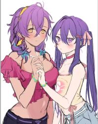 2girls alternate_costume asymmetrical_docking bead_bracelet beads black_shorts blue_ribbon blush bracelet braid breast_press breasts casual choker cleavage closed_mouth collarbone cowboy_shot crop_top dark-skinned_female dark_skin double-parted_bangs earrings ensemble_stars! expressionless flower_earrings genderswap genderswap_(mtf) grey_skirt groin hair_between_eyes hair_intakes hair_ornament hair_ribbon hairband hairpin height_difference holding_hands jewelry kanzaki_souma large_breasts long_hair looking_at_viewer low_twin_braids messy_hair multiple_girls nancy980216 navel necklace off_shoulder_shirt otogari_adonis pink_choker pink_ribbon pink_top purple_eyes ribbon ribbon_braid shirt_ribbon shorts sidelocks simple_background skirt small_breasts smile spaghetti_strap stomach twin_braids twintails white_background x_hair_ornament y2k_fashion yellow_eyes yellow_hairband