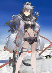 1girl animal_ears arknights bare_legs belt belt_buckle bikini bikini_top_only black_belt black_bikini black_scarf blue_sky bow_(weapon) breasts buckle cat_ears cat_tail cleavage commentary crossbow crossbow_bolt english_commentary expressionless feet_out_of_frame grey_hair hair_over_one_eye hand_on_own_hip highres jacket large_breasts legs long_sidelocks long_sleeves looking_to_the_side micro_shorts midriff navel optical_sight parted_bangs plumw ponytail pouch quiver scarf schwarz_(arknights) shorts sidelocks sky solo standing swimsuit tail thigh_pouch thigh_strap weapon white_jacket yellow_eyes