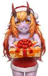 Rule 34 | 1girl, absurdres, bare shoulders, christmas present, collarbone, colored skin, commentary, commission, cowboy shot, diaz (vtuber), dress, earrings, english commentary, fingernails, gift, gradient eyes, gradient hair, hat, highres, holding, holding gift, horns, indie virtual youtuber, jewelry, long hair, looking at viewer, multicolored eyes, multicolored hair, numanoan, orange eyes, orange hair, parted lips, pointy ears, purple nails, purple skin, red hat, red horns, santa costume, santa dress, santa hat, sharp fingernails, sidelocks, simple background, smile, solo, teeth, very long hair, virtual youtuber, white background
