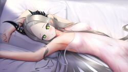 1girl absurdres armpits bare_shoulders black_horns breasts forehead goddess_of_victory:_nikke green_eyes grey_hair highres horns leviathan_(nikke) long_hair looking_at_viewer nightgown on_bed open_mouth pink_nightgown pointy_ears presenting_armpit small_breasts solo txghostxt_ali