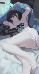 1girl airi_(band)_(blue_archive) airi_(blue_archive) aqua_eyes armpit_peek armpits ass barefoot bed_sheet black_hair blue_archive brown_hair closed_mouth feet foreshortening green_eyes green_halo hair_spread_out halo highres indoors legs long_hair looking_at_viewer lying nev_(nevblindarts) on_side panties panties_peek shirt short_sleeves skirt solo t-shirt thighs toenails toes underwear upskirt white_panties white_shirt white_skirt