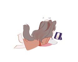 Rule 34 | 1girl, animal ears, barefoot, brown hair, clothing cutout, commentary request, deformed, dog ears, dog tail, dress, foot up, fujishima megumi, fujishima megumi (winter loungewear), full body, headpat, highres, link! like! love live!, long hair, long sleeves, love live!, lying, medium dress, motion lines, official alternate costume, on stomach, orange dress, osawa rurino, pinafore dress, pipi (m1x mix), shirt, shoulder cutout, simple background, sleeveless, sleeveless dress, solo, tablet pc, tail, two side up, watching, white background, white shirt