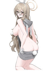Rule 34 | 1girl, absurdres, akane (blue archive), animal ears, arched back, ass, black-framed eyewear, blue archive, blush, breasts, brown eyes, butt crack, closed mouth, fake animal ears, fake tail, feet out of frame, glasses, gloves, halo, heart, heart-shaped pupils, highres, large breasts, light brown hair, long hair, looking at viewer, looking back, mark jin, meme attire, pasties, rabbit ears, rabbit tail, revealing clothes, reverse bunnysuit, reverse outfit, simple background, smile, solo, symbol-shaped pupils, tail, tongue, tongue out, virgin killer sweater, white background, white gloves