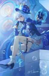 1girl ascot black_footwear black_gloves blue_ascot blue_eyes blue_gemstone blue_hair blue_hat blue_shirt bubble cane clockwork frilled_socks frills furina_(genshin_impact) gem genshin_impact gloves hand_on_cane hat hat_ornament highres light_blue_hair looking_at_another multicolored_hair shirt shorts socks solo thigh_strap thighs top_hat turbulence two-tone_hair underwater white_shorts white_socks