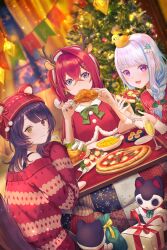 3girls :3 :d alternate_costume ange_katrina animal animal_ears animal_on_head antlers banken_(inui_toko) bare_shoulders beanie bell bell_earrings berry bird bird_on_head blue_eyes blue_hair blurry blurry_background bow bowtie box braid brown_hair brown_tail champagne_flute christmas christmas_sweater christmas_tree cloak closed_mouth commentary_request creature crossed_bangs cup deer_ears depth_of_field dog_tail drinking_glass dutch_angle earrings eating fake_animal_ears fake_antlers food food_request fork fur-trimmed_cloak fur-trimmed_jacket fur_trim gift gift_bag gift_box green_bow green_bowtie hair_between_eyes hair_ornament hairpin hands_up hanging_light hat hat_with_ears heterochromia highres holding holding_food holding_pizza horns indoors inui_toko jacket jewelry kotatsu leaf_hair_ornament light_blush lize_helesta long_bangs long_hair long_sleeves looking_at_viewer looking_to_the_side medium_hair monocle multicolored_hair multiple_girls multiple_hairpins nail_polish nijisanji off-shoulder_sweater off_shoulder on_head open_mouth oyu_(b_47p) pizza plate pom_pom_(clothes) purple_eyes red_cloak red_eyes red_hair red_hat red_jacket red_nails red_sweater reindeer_antlers sanbaka_(nijisanji) santa_hat sebastian_piyodore side_braid sidelocks single_hair_intake sitting smile snowflake_hair_ornament spoon streaked_hair string_of_flags sweatdrop sweater swept_bangs table tail turning_head two-tone_hair under_kotatsu under_table virtual_youtuber white_hair white_sleeve_cuffs white_trim yellow_bird yellow_eyes