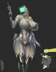 1boy 1girl absurdres artist_logo blush bodysuit breasts can&#039;t_show_this_(meme) chest_harness covered_erect_nipples covered_navel engi_(ftl) ftl:_faster_than_light gameplay_mechanics gluteal_fold grey_background gun harness highres holding holding_gun holding_weapon juerucj large_breasts logo meme mizuki_yukikaze pouch skin_tight sweat taimanin_(series) taimanin_suit thigh_gap thighs trigger_discipline underbust weapon