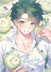 Rule 34 | 1boy, blush, boku no hero academia, buttons, closed mouth, collarbone, commentary, english text, freckles, green hair, happy birthday, highres, holding, looking at viewer, lycik 98, male focus, midoriya izuku, necktie, scar, scar on face, shirt, short hair, solo, teeth, undone necktie, upper body, white shirt