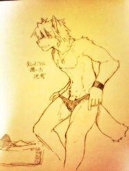 1boy abs animal_ears bara biceps black_male_underwear closed_mouth dog_boy dog_ears dog_nose dog_tags dog_tail flaccid furry furry_male indeigo15 jewelry kouya_aotsuki laundry_basket looking_to_the_side male_focus male_underwear male_underwear_pull morenatsu muscular muscular_male necklace pectorals penis penis_peek smile tail topless_male translated underwear wristband