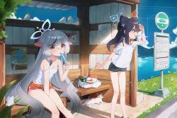 2girls animal_ears bench bird black_hair black_shoes blue_archive blue_halo blue_sky blush breasts bug bus_stop cat cleavage cloud cocokawa_(cjsj8353) day dolphin_shorts food green_eyes grey_hair halo highres holding holding_food holding_popsicle insect kokona_(blue_archive) long_hair looking_at_viewer moth multicolored_hair multiple_girls open_mouth orange_shorts outdoors popsicle popsicle_stick road_sign shirt shoes short_shorts short_sleeves shorts shun_(blue_archive) shun_(small)_(blue_archive) siblings sign sisters sitting sky small_breasts smile strap_slip streaked_hair tank_top tiger_ears tongue tongue_out twintails very_long_hair water white_shirt white_tank_top