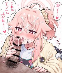 1boy 1girl ahoge bar_censor blue_archive blush censored commentary_request cum cum_in_mouth cum_on_body cum_on_hair cum_on_tongue erection facial fellatio halo heart heart-shaped_pupils hetero highres jacket long_hair long_sleeves natsu_(band)_(blue_archive) natsu_(blue_archive) official_alternate_costume open_clothes open_jacket open_mouth oral penis pink_hair pink_halo ponytail red_eyes sakusaku_ebifurya_(hoshino_3939) shirt sidelocks simple_background speech_bubble stray_pubic_hair symbol-shaped_pupils tongue tongue_out translation_request white_background white_shirt yellow_jacket