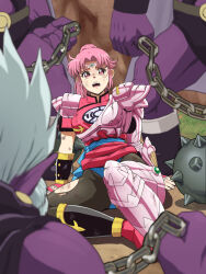 1girl armor armored_boots boots breasts broken_armor chain dragon_quest dragon_quest_dai_no_daibouken fingerless_gloves full_body gloves highres leg_armor maam monster open_mouth pink_armor pink_eyes pink_hair scared short_hair shoulder_armor surrounded tare-katsu thighhighs tiara torn_clothes you_gonna_get_raped