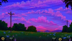 bush cloud cloudy_sky eastblueace evening field flower foliage gradient_sky grass highres horizon landscape mountain mountainous_horizon nature no_humans original outdoors pink_clouds pink_sky pixel_art plant power_lines scenery sky sunset tree utility_pole