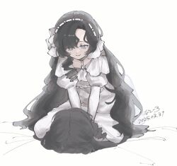 2girls aged_down artist_name bed_sheet black_hair clone dated dress full_body hairband isolde_(reverse:1999) juliet_sleeves long_dress long_hair long_sleeves looking_at_another looking_down multiple_girls nashiro_(v0_llp) puffy_sleeves purple_eyes reverse:1999 sitting sitting_on_person straddling very_long_hair white_background white_dress white_hairband