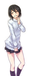 10s 1girl ^_^ black_hair blush closed_eyes clothes_tug enterbrain female_focus highres inaba_himeko kokoro_connect long_legs miniskirt monorus pleated_skirt ribbed_sweater short_hair skirt smile socks solo sweater sweater_tug turtleneck white_background