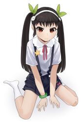 &gt;:( 1girl :/ absurdres aoihara bandaid bandaid_on_knee bandaid_on_leg between_legs black_skirt bow bracelet brown_hair closed_mouth collared_shirt commentary_request full_body green_bow hachikuji_mayoi hair_bow hairband hand_between_legs highres invisible_floor jewelry light_blush long_hair looking_at_viewer miniskirt monogatari_(series) neck_ribbon no_shoes red_eyes red_ribbon ribbon shirt short_sleeves simple_background sitting skirt socks solo star_(symbol) suspender_skirt suspenders thighs tsurime twintails v-shaped_eyebrows wariza white_background white_hairband white_shirt white_socks