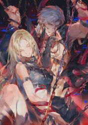 1boy 1girl belt_collar bird blonde_hair chain chain_necklace closed_eyes closed_mouth collar crow ear_piercing earrings endofthepage highres jacket jewelry leather leather_belt leather_jacket leather_pants long_hair looking_at_viewer love_and_deepspace medium_hair muzzle_(mask) necklace nose official_alternate_costume open_mouth pants piercing protagonist_(love_and_deepspace) red_eyes snake sylus_(love_and_deepspace) teeth white_hair