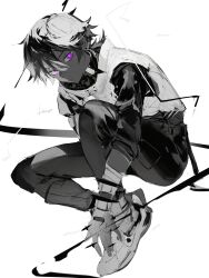 1boy absurdres arlan_(honkai:_star_rail) artist_name closed_mouth doveop earrings expressionless full_body gloves greyscale hair_between_eyes highres honkai:_star_rail honkai_(series) jewelry looking_at_viewer male_focus monochrome ponytail purple_eyes shoes short_ponytail sidelocks simple_background sketch solo spot_color white_background