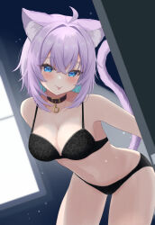 Rule 34 | 1girl, :p, absurdres, ahoge, animal collar, animal ear fluff, animal ears, black bra, black collar, black panties, blue eyes, blue hair, blush, bra, breasts, cat ears, cat girl, cat tail, cleavage, collar, colored inner hair, commentary request, crossed bangs, double-parted bangs, hair between eyes, highres, hololive, indoors, lace, lace-trimmed bra, lace-trimmed panties, lace trim, large breasts, lingerie, long hair, looking at viewer, messy hair, multicolored hair, navel, nekomata okayu, nishiki vx, panties, purple hair, solo, stomach, tail, tongue, tongue out, underwear, underwear only, virtual youtuber