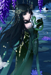 Rule 34 | 1girl, absurdres, animal, aqua eyeshadow, bare shoulders, black choker, black gloves, black hair, blue eyes, bug, butterfly, choker, circle, closed mouth, dress, elbow gloves, expressionless, eyeshadow, feet out of frame, fireflies, flower, gloves, gold circle, gown, green dress, highres, holding, holding animal, infinity nikki, insect, jiumo (pixiv 32921912), lace, lace-trimmed dress, lace trim, lily pad, long dress, long hair, long sleeves, looking at viewer, looking back, makeup, night, nikki (series), off-shoulder dress, off shoulder, outdoors, parted bangs, pointy nose, purple flower, slit pupils, snake, solo, tide of tears (infinity nikki), very long hair, water lily flower, white butterfly, wide sleeves, wisteria