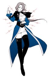 1girl absurdres an_ling_withered belt blonde_hair blue_dress boots breasts dress genderswap genderswap_(mtf) goeniko goenitz habit highres large_breasts long_hair long_sleeves looking_at_viewer ponytail pretty_goenitz simple_background smile snk solo the_king_of_fighters the_king_of_fighters_all-stars