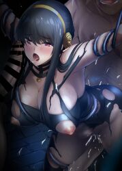 1girl 2boys after_fellatio bar_censor black_dress black_hair blush breasts censored cleavage clothed_female_nude_male commentary_request dress erection flower gold_hairband group_sex hair_flower hair_ornament hairband hetero highres large_breasts large_variant_set long_hair looking_at_viewer mmf_threesome multiple_boys nipples nude onigirikun open_mouth paid_reward_available penis pussy_juice rape red_eyes restrained rose sex solo_focus spy_x_family sweat threesome torn_clothes torn_dress variant_set yor_briar