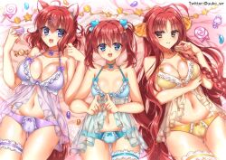 3girls :d ahoge alternate_costume amairo_islenauts animal_ears antenna_hair arm_under_breasts babydoll bare_shoulders bed_sheet blue_babydoll blue_bow blue_choker blue_eyes blue_panties blush bow bow_choker bow_panties braid breasts breasts_apart cameltoe candy choker cleavage closed_mouth collarbone color_connection commentary_request company_connection cowboy_shot crossover dracu-riot! eyelashes eyes_visible_through_hair fang food fuyukichi_(nikoniko1567) gluteal_fold hair_between_eyes hair_bow hair_color_connection hair_ornament halterneck hand_up hands_up holding holding_food lace-trimmed_babydoll lace_trim large_breasts long_hair looking_at_viewer lying macaron masaki_gaillard medium_hair mibu_chisaki multiple_girls navel on_back open_mouth orange_bow orange_ribbon panties purple_babydoll purple_bow purple_choker purple_eyes purple_panties red_hair ribbon riddle_joker shiny_skin side-by-side single_braid smile star_(symbol) tail teeth thigh_gap thigh_strap twintails twitter_username underwear underwear_only upper_teeth_only very_long_hair wavy_hair wolf_ears wolf_girl wolf_tail x_hair_ornament yarai_miu yellow_babydoll yellow_choker yellow_eyes yellow_panties yuzu-soft
