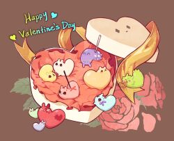 =_= animal_focus box brown_background chinese_commentary commentary_request creature flower food food-themed_creature from_above gourmand_(rain_world) happy_valentine heart heart-shaped_box highres hunter_(rain_world) in_box in_container in_food izz_owooo leaf long_tongue monk_(rain_world) no_humans pink_flower pink_rose rain_world ribbon rivulet_(rain_world) rose saint_(rain_world) slugcat spearmaster_(rain_world) stab survivor_(rain_world) tongue tongue_out yellow_ribbon