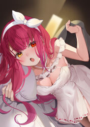 1girl :o bed_of_roses bed_sheet blush braid braided_bangs breasts cleavage collarbone covered_navel fingernails hair_ribbon hazure_rakugaki heterochromia highres hololive houshou_marine houshou_marine_(loungewear) indoors large_breasts lingerie long_hair lying negligee on_side open_mouth panties pillow pink_hair red_eyes ribbon solo thighs under_covers underwear virtual_youtuber white_negligee white_panties white_ribbon yellow_eyes