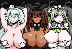 3girls animal animal_ears animal_on_head antenna_hair armpits arms_up bare_shoulders bird bird_on_head black_leotard blush bow breasts brown_hair cleavage colored_eyelashes convenient_censoring dark-skinned_female dark_skin detached_collar fake_animal_ears feck_dangerfield goddess_of_victory:_nikke green_hair hair_ornament huge_breasts large_breasts leotard long_hair looking_at_viewer maid maid_headdress mole mole_on_breast mole_under_mouth multiple_girls noir_(nikke) on_head open_mouth playboy_bunny purple_eyes rabbit_ears smile soda_(nikke) trina_(nikke) very_long_hair