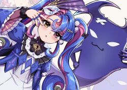 1girl absurdres black_collar blue_hair collar commentary dress eye_mask flareza hand_up heterochromia highres jewelry key_hair_ornament light_blush long_hair looking_at_viewer mask mask_on_head multicolored_hair multiple_rings pero_(wuthering_waves) pink_eyes pink_hair ring roccia_(wuthering_waves) solo symbol-shaped_pupils twintails two-tone_hair white_dress wuthering_waves x-shaped_pupils yellow_eyes