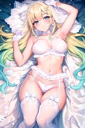 1girl absurdres aizawa_ema ass bare_shoulders black_gloves blonde_hair blue_eyes blue_hair blush bra breasts bridal_legwear bridal_lingerie bridal_veil choker earrings garter_belt garter_straps gloves gluteal_fold gradient_hair green_hair hair_ornament highres jewelry lace lace-trimmed_legwear lace_trim large_breasts lingerie long_hair looking_at_viewer lying multicolored_hair navel on_back panties smile solo sugiki thigh_gap thighhighs thighs underwear veil very_long_hair virtual_youtuber vspo! white_choker white_garter_straps white_panties white_thighhighs