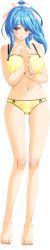 1girl absurdres asymmetrical_bangs bishop_(company) blue_hair blush bow bra breasts crossed_bangs embarrassed eyes_visible_through_hair full_body hair_bow hand_on_own_chest hasebe_yuma highres kagai_jugyou large_breasts open_mouth panties ponytail red_eyes scary solo underwear underwear_only yellow_bra yellow_panties