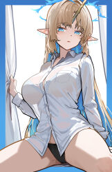 Rule 34 | 1girl, absurdres, alternate costume, black panties, blonde hair, blue eyes, blue hair, bra visible through clothes, breasts, collared shirt, colored inner hair, commentary, crown of thorns, earrings, english commentary, fleurdelys (wuthering waves), floating earrings, highres, horns, huge breasts, jewelry, long hair, long horns, long sleeves, looking at viewer, multicolored hair, no pants, panties, parted lips, pointy ears, revision, ryeon (naturesan), shirt, sidelocks, single horn, solo, tacet mark (wuthering waves), thighs, underwear, very long hair, white shirt, wuthering waves, yellow horns